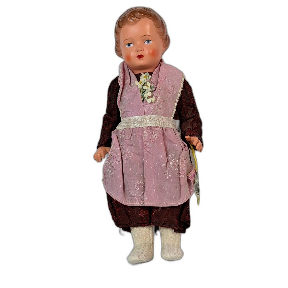 Zwilling-Fox Trachten-Puppen Celluloid Folk Doll Germany Girl Apron Flowers